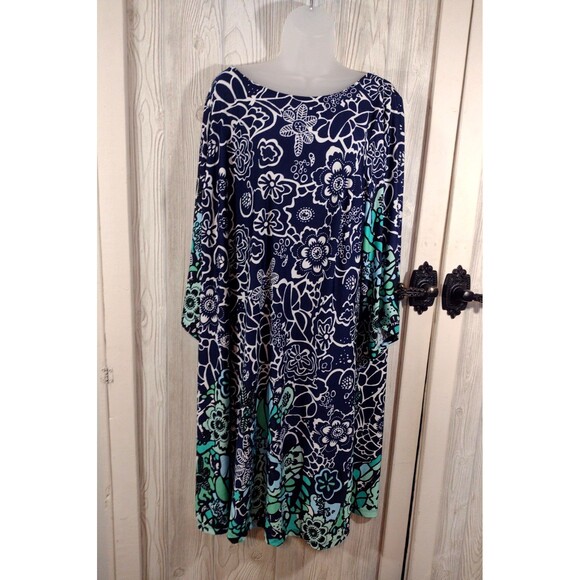 Kim Rogers Curvy Palm Springs Dress Womens 3X Navy Floral 3/4 Sleeve Knee Length - Picture 1 of 10